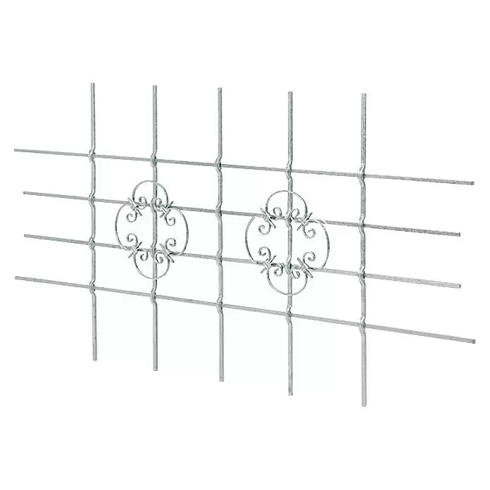 Stabilit Reja para ventanas - An x Al: 114 x 69 cm, Montaje de la rejilla para ventanas: Montaje en intradoses de ventanas - Reja de seguridad de metal galvanizado con patrón de rejilla y dos diseños ornamentales de volutas.