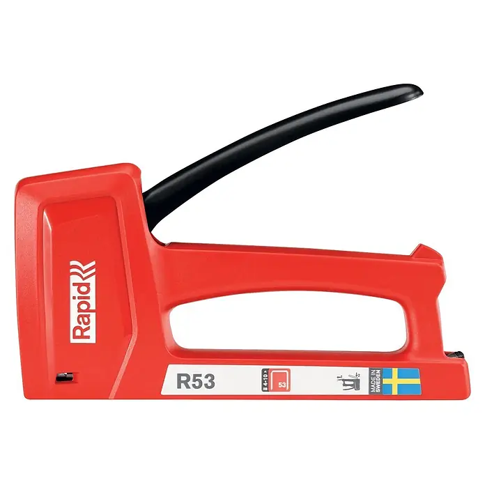 Rapid Grapadora manual R53 - Profundidad de grapado: 4 mm - 10 mm, Apto para: Textiles - Grapadora manual roja Rapid R53 con mango negro, para grapas tipo 53, 4-10mm. Fabricada en Suecia.