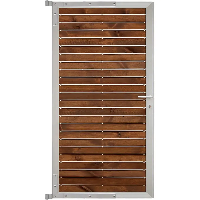 GartenLand Tor Craftwood Holz Skandinavische Kiefer Braun FSC® Alu Silber -  - Metallgerahmtes Tor mit dunkelbraunen horizontalen Holzlamellen, Griff und Schlüsselloch.