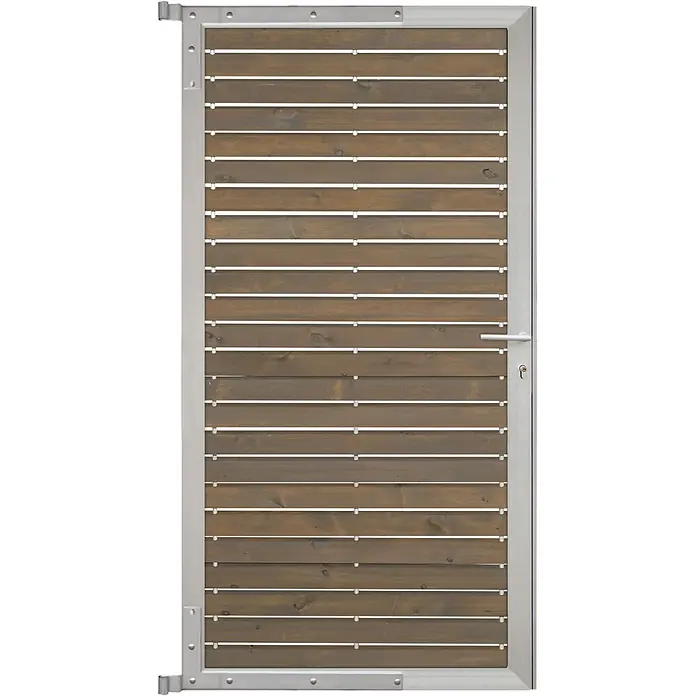 GartenLand Tor Craftwood 90 x 175 cm Holz Kiefer Grau FSC® Alu Silber -  - Graues Metalltor mit horizontalen braunen Holzlamellen, inklusive Griff und Schlüsselloch.