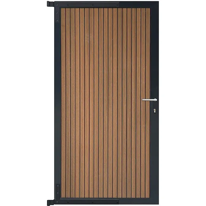 GartenLand Tor Shadowline Vertikal WPC Mahagoni Alu Anthrazit -  - Tor aus Holzlatten mit dunklem Metallrahmen, silbernem Griff und Schlüsselloch.