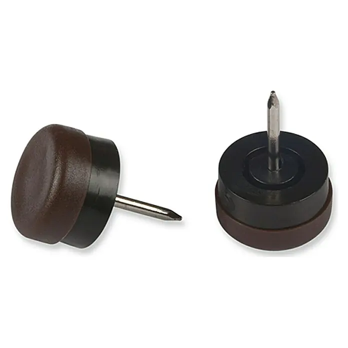 Stabilit Protector para muebles - Diámetro: 18 mm, Redonda, Marrón - Primer plano de dos deslizadores marrones para muebles con clavo diseñados para proteger los pisos.