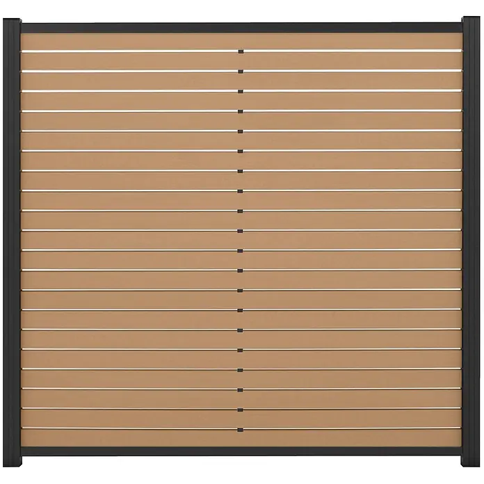 GartenLand WPC Zaun Stockholm Steckzaun Karamellbraun Alu Anthrazit -  - Braun lamelliertes Zaunfeld mit schwarzem Rahmen und horizontalen Silbereinlagen, ideal für Gartensichtschutz.