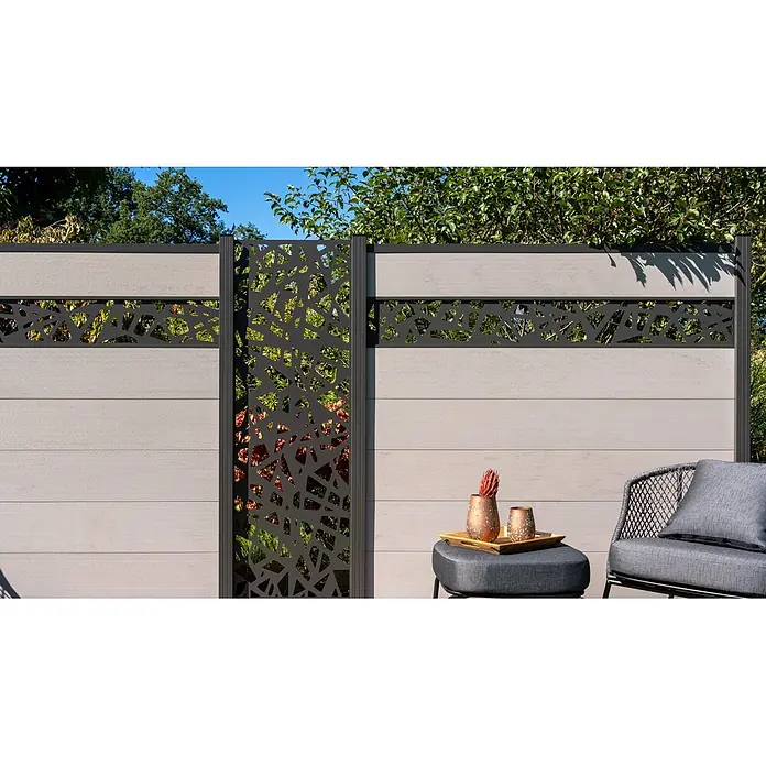 GartenLand Designelement Scalea ca. 60x174 cm Aluminium Anthrazit -  - Moderner Gartenzaun mit hellgrauen Verbundplatten und dunkelgrauen lasergeschnittenen Dekorelementen.