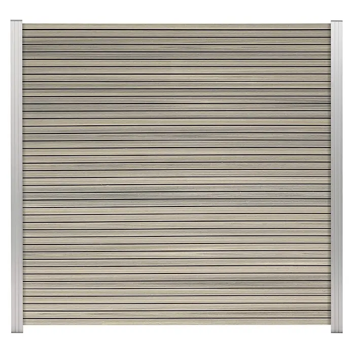 GartenLand WPC Zaun Shadowline Sichtschutz Steckzaun Amethystgrau -  - Sichtschutzzaun aus Holzlamellen in heller Holzfarbe mit silbernen Pfosten.