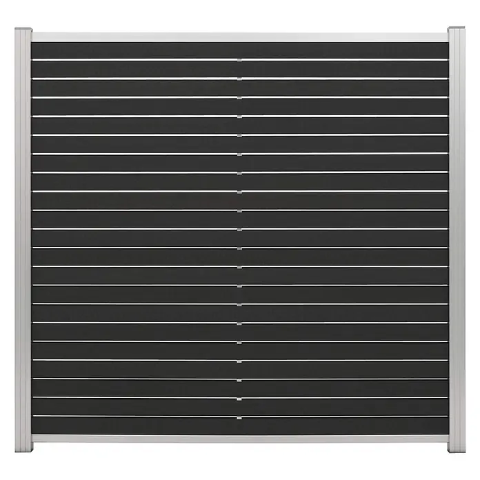 GartenLand WPC Zaun Stockholm Sichtschutz Steckzaun Anthrazit Alu Silber -  - Dunkelgraue Sichtschutzwand mit horizontalen Lamellen und silbernem Rahmen.