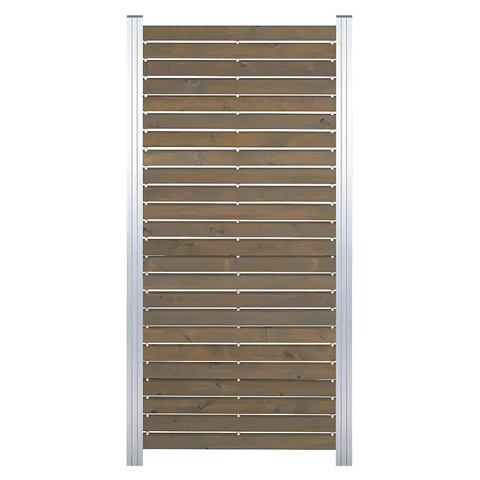GartenLand Steckzaun-Element Holz Zaun Craftwood Ohne Pfosten Ohne Abschlussleiste - B x H: 81,5 x 180 cm, Grau, Holz - Brauner Sichtschutzzaun mit Holzlamellen und silbernen Aluminiumpfosten.