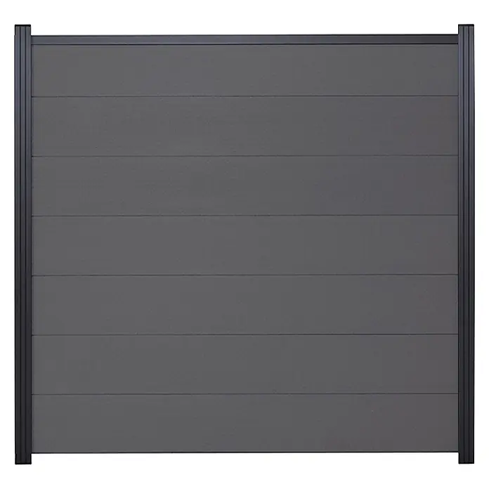 GartenLand Steckzaun-Element WPC Zaun Ameland Ohne Pfosten Ohne Abschlussleiste - B x H: 180 x 180 cm, Schiefergrau, Verbundwerkstoff - Dunkelgraues Verbundzaunfeld mit horizontalen Latten und schwarzem Metallrahmen.