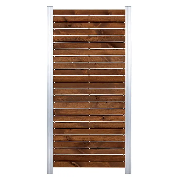 GartenLand Steckzaun-Element Holz Zaun Craftwood Ohne Pfosten Ohne Abschlussleiste - B x H: 81,5 x 180 cm, Braun, Holz - Dunkelbrauner Sichtschutz aus Holzlamellen mit silbernen Aluminiumpfosten und Abstandshaltern.