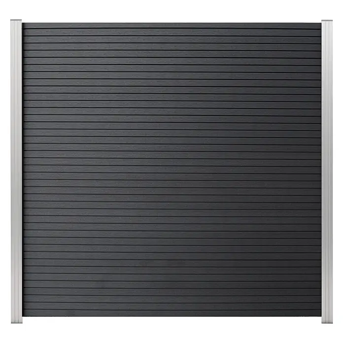 GartenLand Steckzaun-Element WPC Zaun Shadowline Ohne Pfosten - B x H: 180 x 180 cm, Deep Black, Verbundwerkstoff - Dunkelgrauer Lamellen-Sichtschutz mit horizontalen Verbundplatten und silbernen vertikalen Rahmenpfosten.