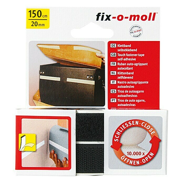 Fix-o-moll Klettband150 cm x 20 mm, Schwarz, Selbstklebend Front View