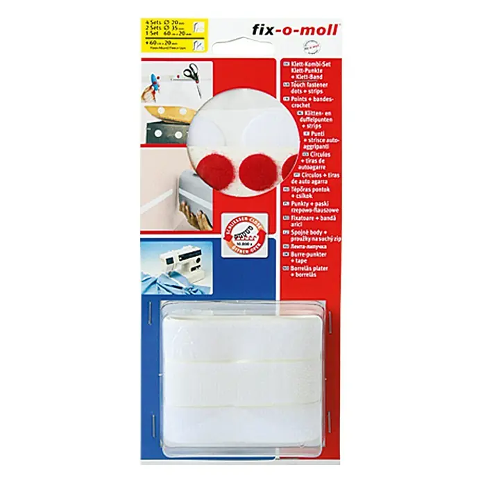 Fix-o-moll Klett-Kombi-Set - Weiß, Rot, 8 Stk. - Bild einer Packung Fix-o-moll Klett-Kombi-Set mit Klettpunkten und Klettbändern zur einfachen Befestigung von Gegenständen.