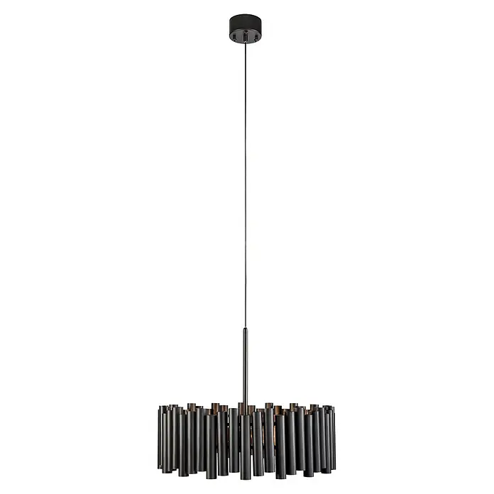 Markslöjd Pendelleuchte rund Level 3 - 60 W, Ø x H: 52,5 x 20 cm, Schwarz, E27 - Schwarze Pendelleuchte aus Metall mit zylindrischer Abdeckung und rundem Sockel aus zahlreichen schwarzen Röhren.