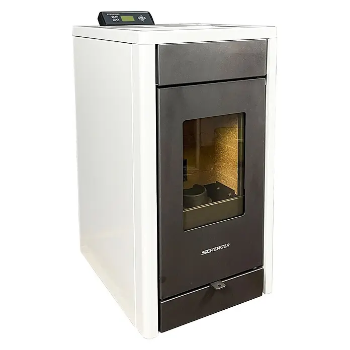 SCHENGER Pelletofen HP07 - 8 kW, Raumheizvermögen: 160 m³, 0,9 kg/h, Farbe Verkleidung: Weiß - Weißer und dunkelgrauer Pelletofen mit Bedienfeld oben und Glastür, die Holzpellets im Inneren zeigt.