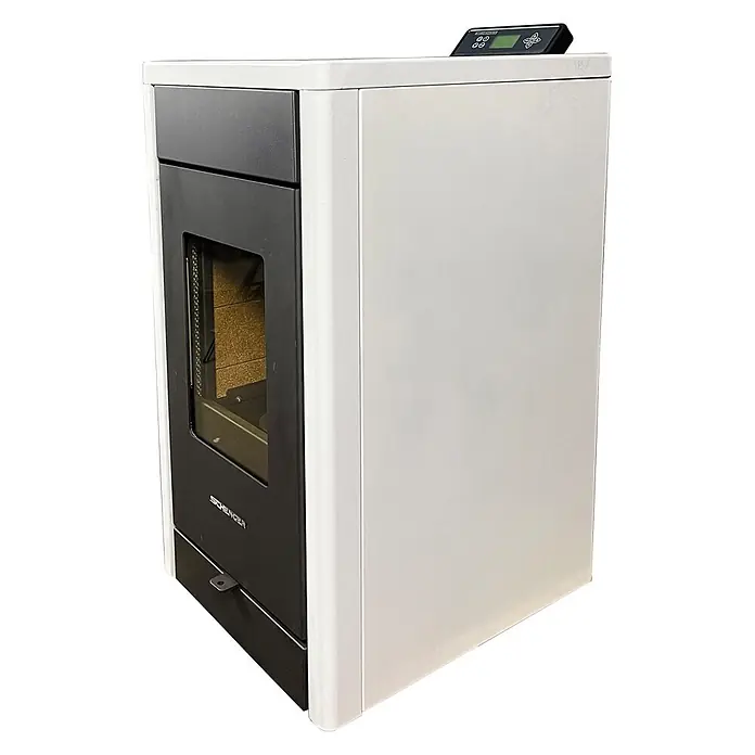 SCHENGER Pelletofen HP07 - 8 kW, Raumheizvermögen: 160 m³, 0,9 kg/h, Farbe Verkleidung: Weiß - Weißer und schwarzer Pelletofen mit sichtbarer Brennkammer und digitalem Bedienfeld oben.