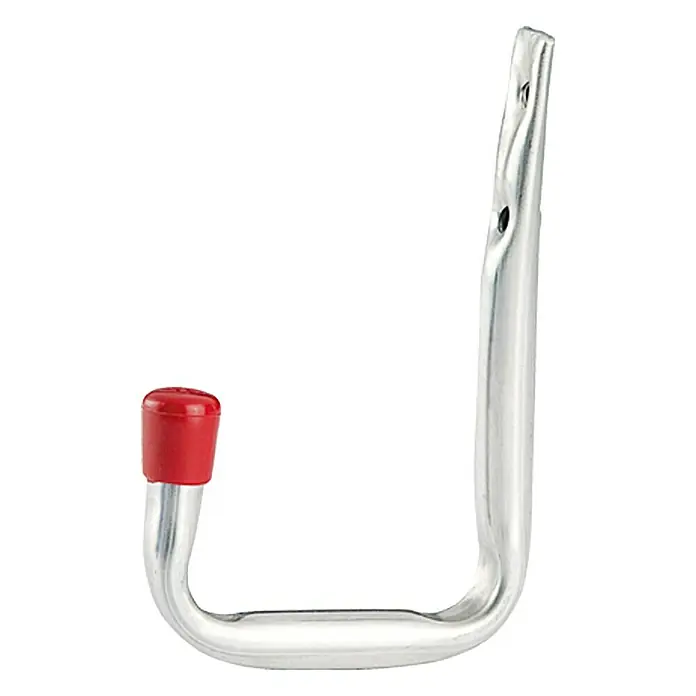 Stabilit Wandhaken - 8 x 13,2 cm, Belastbarkeit: 20 kg, Durchmesser: 12 mm - Eine silberne Werkzeugwand-Halterung mit roter Kappe, ideal für die Aufbewahrung in Garage oder Werkstatt, um Ordnung zu schaffen.
