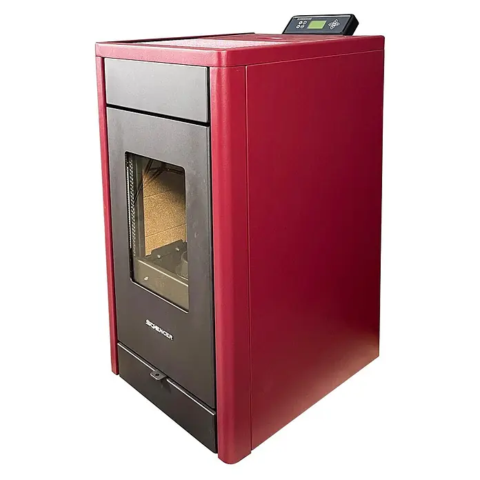 SCHENGER Pelletofen HP07 - 8 kW, Raumheizvermögen: 160 m³, 0,9 kg/h, Farbe Verkleidung: Rot - Roter Schenger Pelletofen mit dunkelgrauer Front, Glastür und digitalem Bedienfeld.
