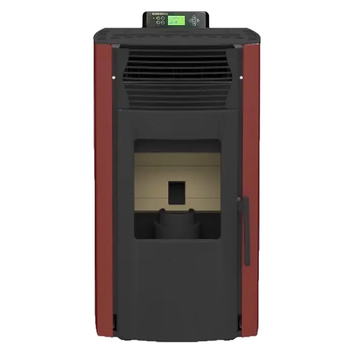 SCHENGER Pelletofen HP51 - 8,8 kW, Raumheizvermögen: 160 m³, 0,9 kg/h, Farbe Verkleidung: Rot - Roter und dunkelgrauer Pelletofen mit Bedienfeld oben und Brenntopf hinter der Glastür.