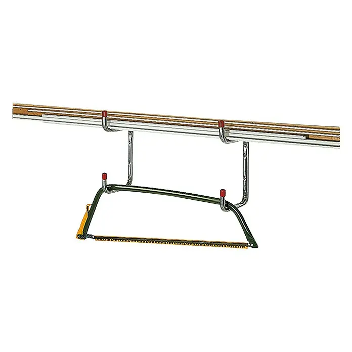 Connex Colgador para herramientas - L x An x Al: 19,5 cm x 90 mm x 34 cm, Carga soportada: 25 kg - Sierra de arco colgada en un colgador, ideal para talleres. La imagen muestra una solución práctica para guardar herramientas.