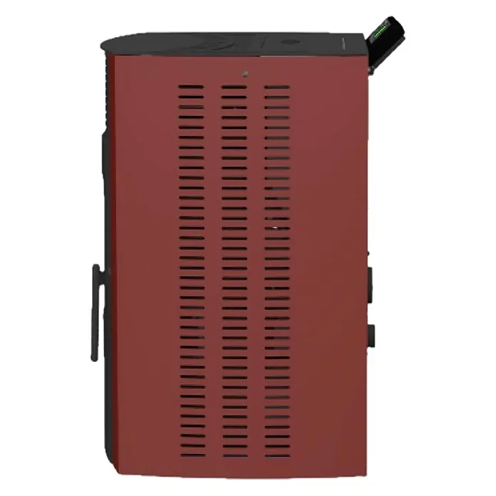 SCHENGER Pelletofen HP51 - 8,8 kW, Raumheizvermögen: 160 m³, 0,9 kg/h, Farbe Verkleidung: Rot - Kompaktes, dunkelrotes Heizgerät mit schwarzer Oberseite, seitlichen Lüftungsschlitzen und Griff.