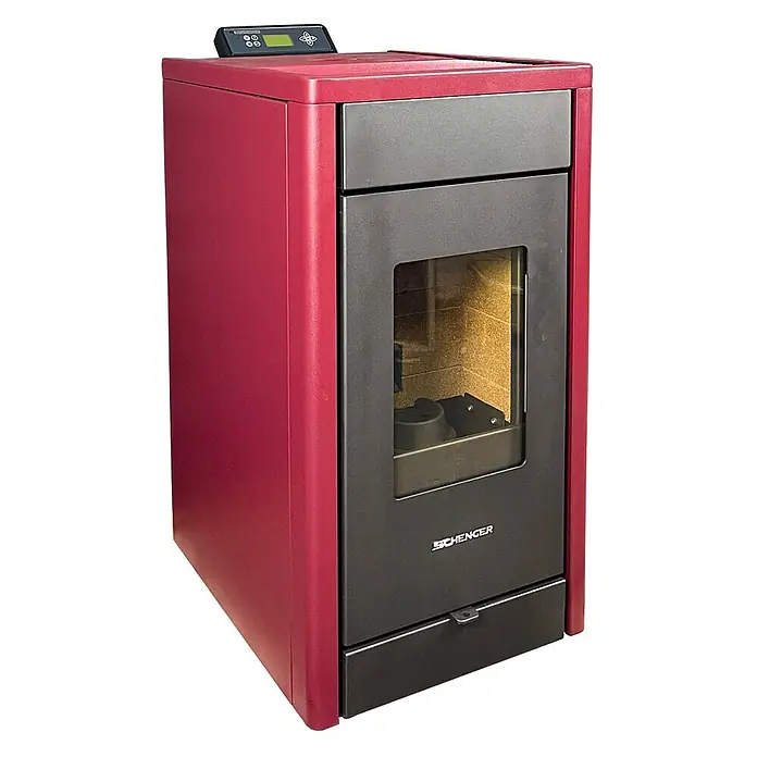 SCHENGER Pelletofen HP07 - 8 kW, Raumheizvermögen: 160 m³, 0,9 kg/h, Farbe Verkleidung: Rot - Roter Pelletofen mit dunkelgrauer Front, Glastür und digitalem Bedienfeld oben zur Beheizung.