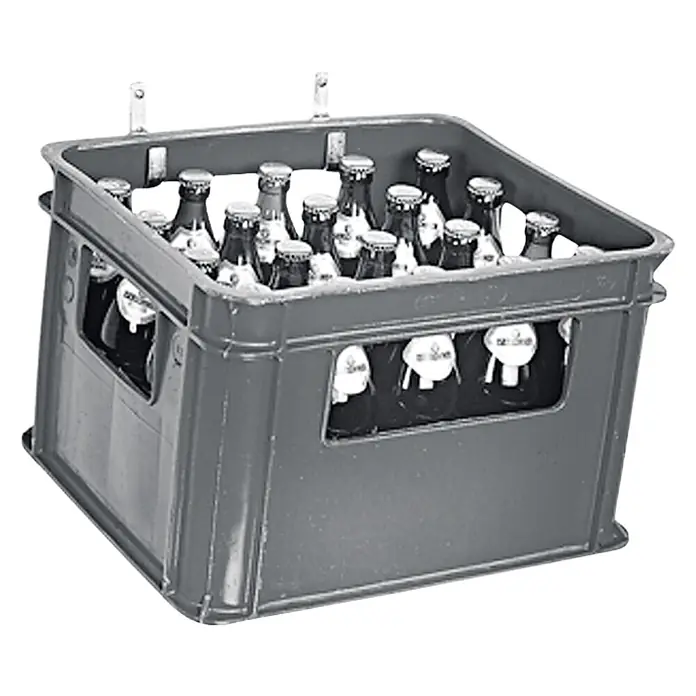 Connex Colgador para herramientas - L x An x Al: 40 x 24 x 90 mm, Carga soportada: 50 kg, Zincado - Una caja de cerveza gris llena de botellas de cerveza. La caja tiene asas en los lados y está llena de botellas en los compartimentos.