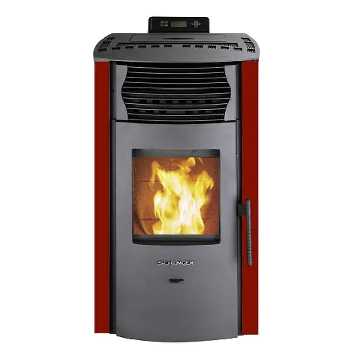 SCHENGER Pelletofen HP51 - 8,8 kW, Raumheizvermögen: 160 m³, 0,9 kg/h, Farbe Verkleidung: Rot - Roter und grauer Pelletofen mit sichtbarem Feuerraum und hellen Flammen. Ein digitales Display befindet sich oben.
