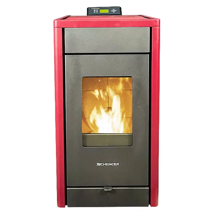 SCHENGER Pelletofen HP07 - 8 kW, Raumheizvermögen: 160 m³, 0,9 kg/h, Farbe Verkleidung: Rot - Roter und dunkelgrauer Schenger Pelletofen mit sichtbarer Flamme hinter der Glasscheibe und Digitalanzeige oben.