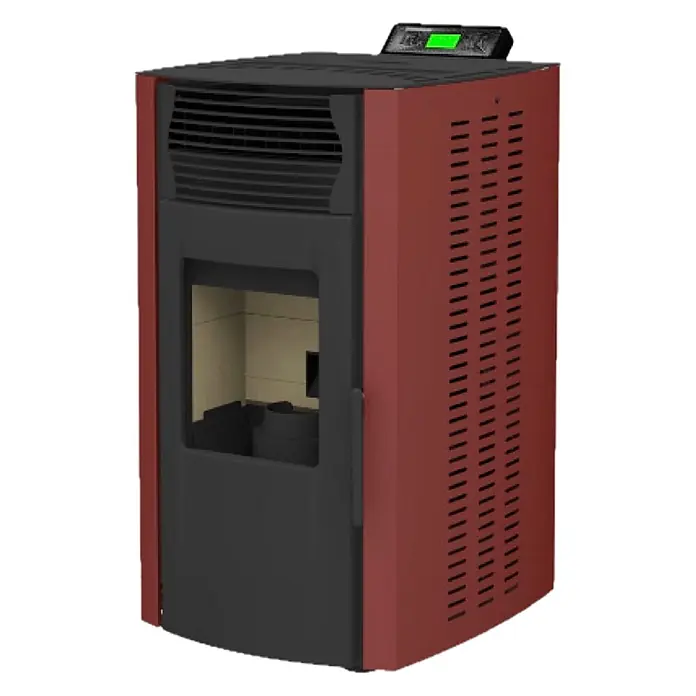 SCHENGER Pelletofen HP51 - 8,8 kW, Raumheizvermögen: 160 m³, 0,9 kg/h, Farbe Verkleidung: Rot - Dunkelroter Pelletofen mit schwarzer Frontplatte, oberem Bedienfeld und Sichtfenster zum Brennraum.