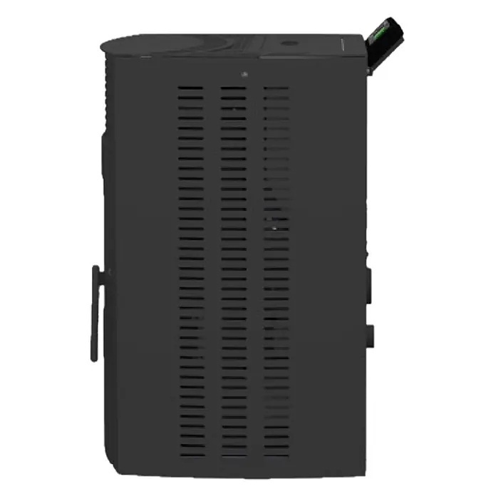 SCHENGER Pelletofen HP51 - 8,8 kW, Raumheizvermögen: 160 m³, 0,9 kg/h, Farbe Verkleidung: Schwarz - Dunkelgraues Elektronikgerät mit seitlichen Lüftungsschlitzen und beleuchteter Komponente oben rechts, eventuell ein kompakter Server oder Industrie-PC.