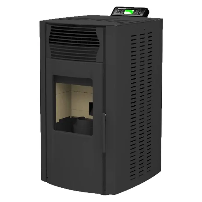 SCHENGER Pelletofen HP51 - 8,8 kW, Raumheizvermögen: 160 m³, 0,9 kg/h, Farbe Verkleidung: Schwarz - Dunkelgrauer Pelletofen mit Bedienfeld, Lüftungsgitter vorne und Brennraumfenster.