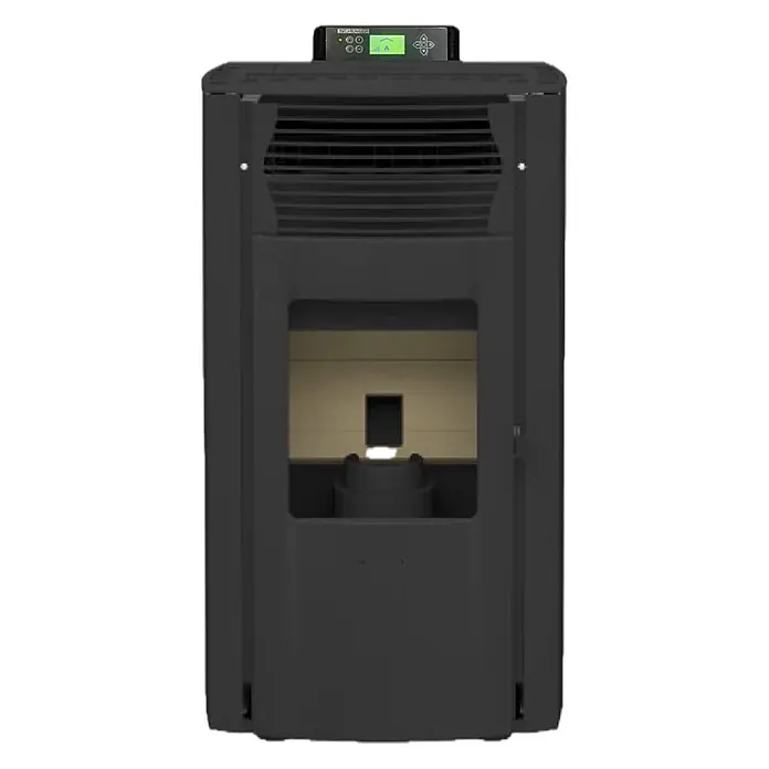 SCHENGER Pelletofen HP51 - 8,8 kW, Raumheizvermögen: 160 m³, 0,9 kg/h, Farbe Verkleidung: Schwarz - Dunkelgrauer Pelletofen mit digitalem Bedienfeld oben und Glasblick in die Brennkammer.