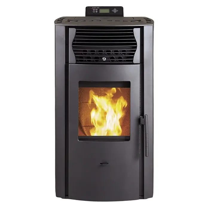 SCHENGER Pelletofen HP51 - 8,8 kW, Raumheizvermögen: 160 m³, 0,9 kg/h, Farbe Verkleidung: Schwarz - Dunkelgrauer Pelletofen mit sichtbarer Flamme und Bedienfeld oben für effizientes Heizen.