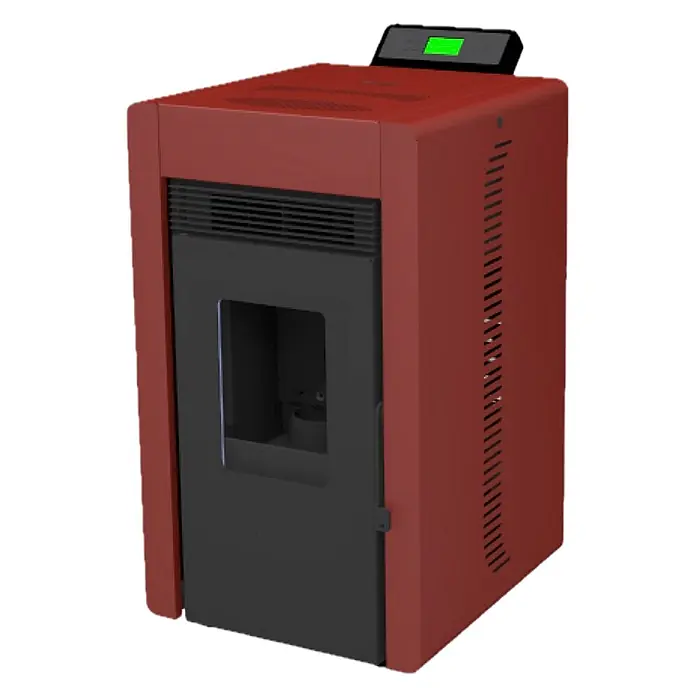 SCHENGER Pelletofen HLP3402 - 5,5 kW, Raumheizvermögen: 120 m³, 0,6 kg/h, Farbe Verkleidung: Rot - Roter und schwarzer Pelletofen mit Bedienfeld oben und Glastür vorne.