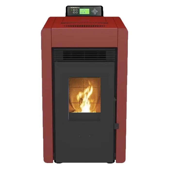 SCHENGER Pelletofen HLP3402 - 5,5 kW, Raumheizvermögen: 120 m³, 0,6 kg/h, Farbe Verkleidung: Rot - Rotbrauner Pelletofen mit schwarzer Fronttür, einem quadratischen Fenster mit hellen Flammen und einem digitalen Bedienfeld oben.