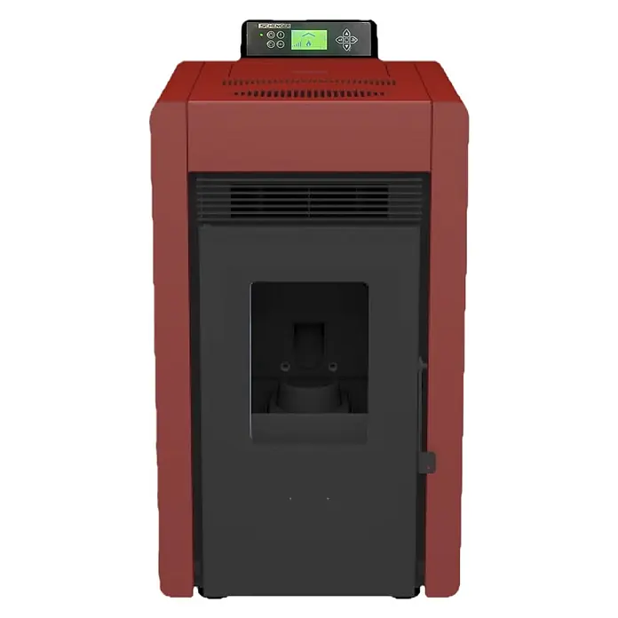SCHENGER Pelletofen HLP3402 - 5,5 kW, Raumheizvermögen: 120 m³, 0,6 kg/h, Farbe Verkleidung: Rot - Roter Pelletofen mit schwarzer Frontplatte und oben angebrachtem digitalem Bedienfeld.