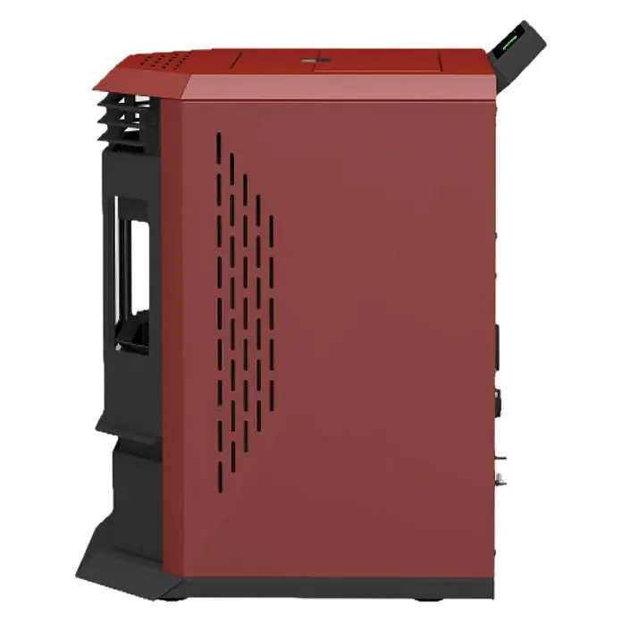 SCHENGER Pelletofen HLP3602 - 9,3 kW, Raumheizvermögen: 200 m³, 0,9 kg/h, Farbe Verkleidung: Rot - Dunkelroter Pelletofen mit schwarzen Akzenten, Lüftungsschlitzen und digitaler Anzeige oben.