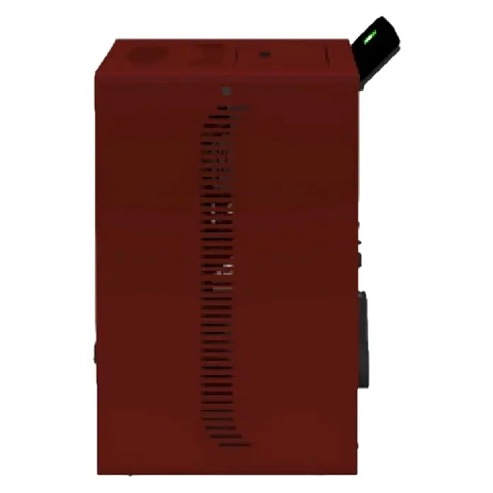 SCHENGER Pelletofen HLP3402 - 5,5 kW, Raumheizvermögen: 120 m³, 0,6 kg/h, Farbe Verkleidung: Rot - Dunkelrotes rechteckiges Elektronikgerät mit seitlicher Belüftung und beleuchtetem grünem Anschluss.