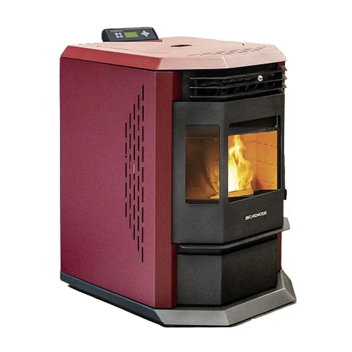 SCHENGER Pelletofen HLP3602 - 9,3 kW, Raumheizvermögen: 200 m³, 0,9 kg/h, Farbe Verkleidung: Rot - Dunkelroter Pelletofen mit schwarzer Brennkammer und sichtbarer Flamme, oben mit Bedienfeld.