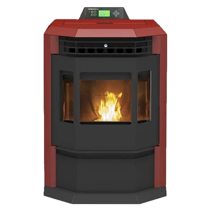 SCHENGER Pelletofen HLP3602 - 9,3 kW, Raumheizvermögen: 200 m³, 0,9 kg/h, Farbe Verkleidung: Rot - Roter und dunkelgrauer Pelletofen mit digitalem Bedienfeld und sichtbaren Flammen durch das Glasfenster.