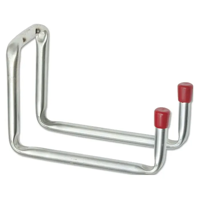 Stabilit Gerätehalter - 17,5 x 9 x 12 cm, Belastbarkeit: 10 kg, Durchmesser: 12 mm - Nahaufnahme eines robusten, doppelarmigen Metall-Wandhakens mit roten Endkappen für die Werkstatt oder Garage.