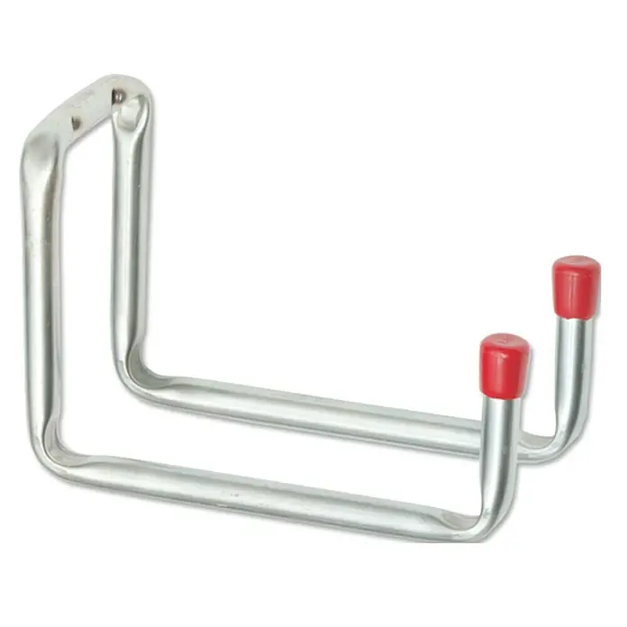 Stabilit Gerätehalter17,5 x 9 x 12 cm, Belastbarkeit: 10 kg, Durchmesser: 12 mm - Nahaufnahme eines robusten, doppelarmigen Metall-Wandhakens mit roten Endkappen für die Werkstatt oder Garage.