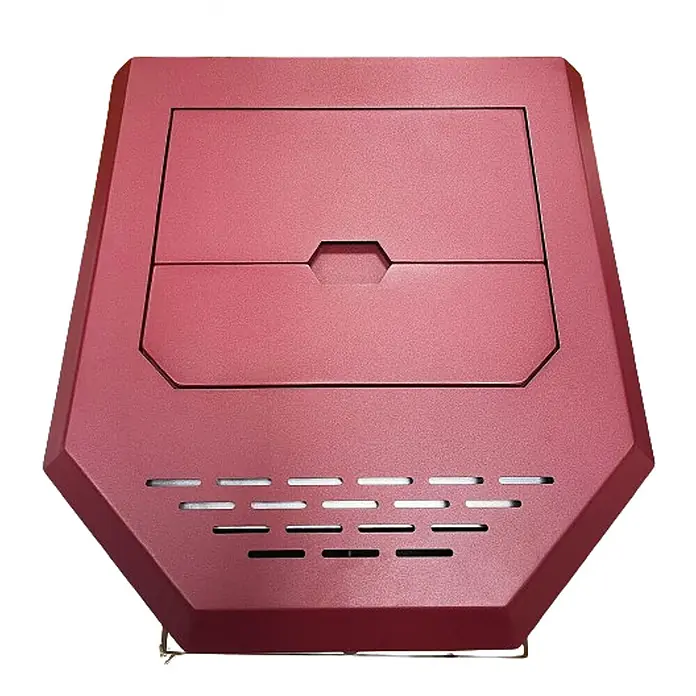SCHENGER Pelletofen HLP3602 - 9,3 kW, Raumheizvermögen: 200 m³, 0,9 kg/h, Farbe Verkleidung: Rot - Roter, polygonaler tragbarer Heizer mit Deckel und Lüftungsschlitzen.