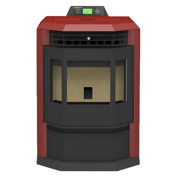 SCHENGER Pelletofen HLP3602 - 9,3 kW, Raumheizvermögen: 200 m³, 0,9 kg/h, Farbe Verkleidung: Rot - Dunkelgrauer und rotbrauner Pelletofen mit digitalem Bedienfeld und großem Sichtfenster.