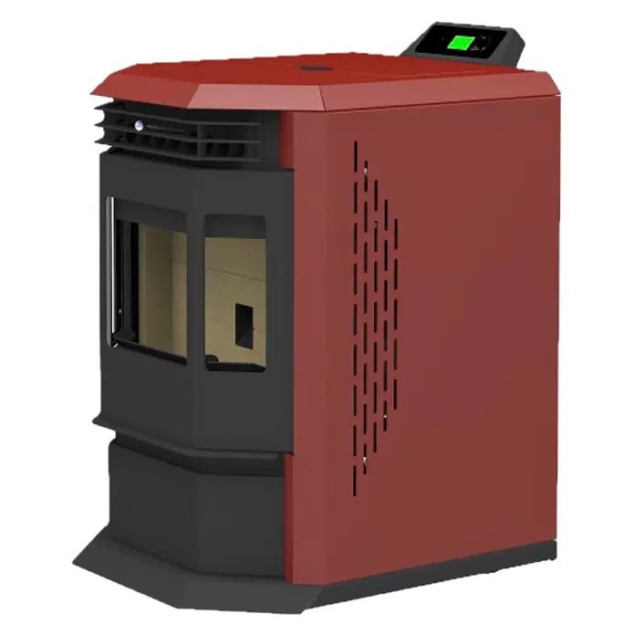 SCHENGER Pelletofen HLP3602 - 9,3 kW, Raumheizvermögen: 200 m³, 0,9 kg/h, Farbe Verkleidung: Rot - Moderner rot-dunkelgrauer Pelletofen mit Glassichtfenster und obenliegendem Digital-Bedienfeld.