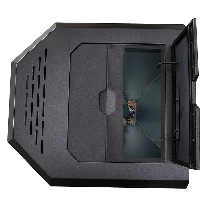SCHENGER Pelletofen HLP3602 - 9,3 kW, Raumheizvermögen: 200 m³, 0,9 kg/h, Farbe Verkleidung: Schwarz - Schwarzer Pelletofen mit geöffnetem Deckel, der einen Behälter mit Holzpellets zeigt, von oben betrachtet.