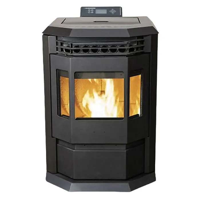 SCHENGER Pelletofen HLP3602 - 9,3 kW, Raumheizvermögen: 200 m³, 0,9 kg/h, Farbe Verkleidung: Schwarz - Schwarzer Pelletofen mit Bedienfeld oben und sichtbaren Flammen hinter Glas.