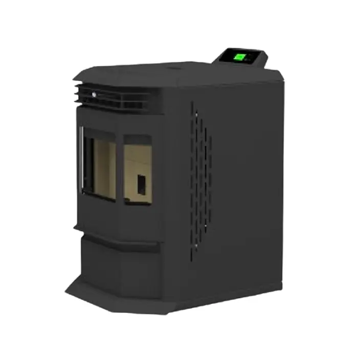 SCHENGER Pelletofen HLP3602 - 9,3 kW, Raumheizvermögen: 200 m³, 0,9 kg/h, Farbe Verkleidung: Schwarz - Dunkelgrauer/schwarzer Pelletöfen aus Metall mit Glastür und digitaler Anzeige.