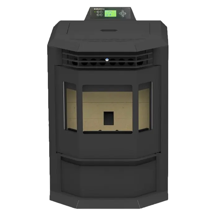 SCHENGER Pelletofen HLP3602 - 9,3 kW, Raumheizvermögen: 200 m³, 0,9 kg/h, Farbe Verkleidung: Schwarz - Dunkelgrauer Pelletofen mit Bedienfeld oben und einer Feuerkammer mit hellem Innenraum und Glasfront.