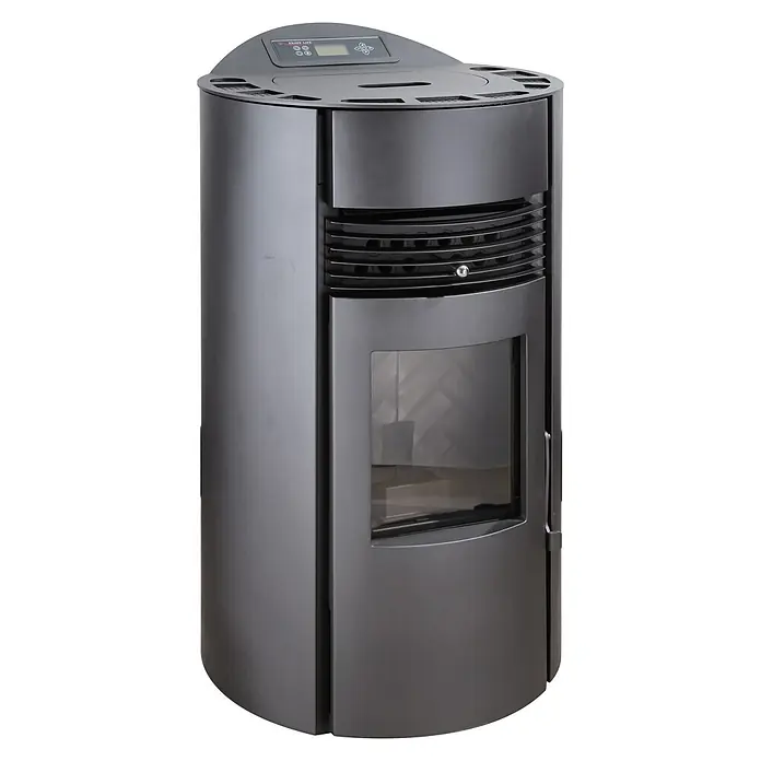 SCHENGER Pelletofen HP51-R - 8,8 kW, Raumheizvermögen: 160 m³, 0,9 kg/h, Farbe Verkleidung: Schwarz - Dunkelgrauer zylindrischer Pelletofen mit Bedienfeld oben und Glassichtfenster.